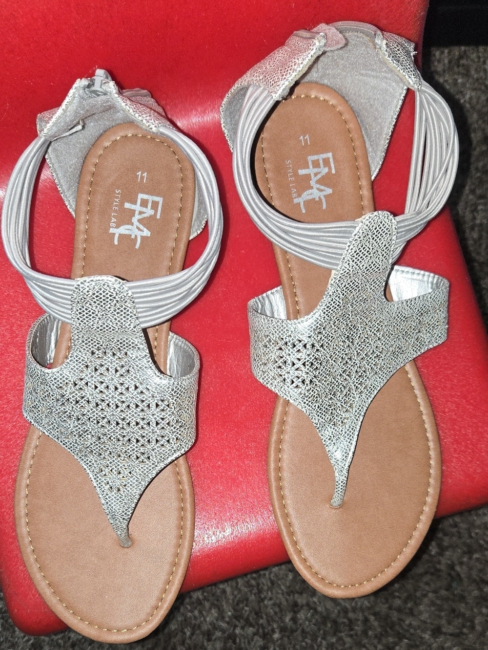 Metallic Silver Embellished Women's T-Strap Sandals